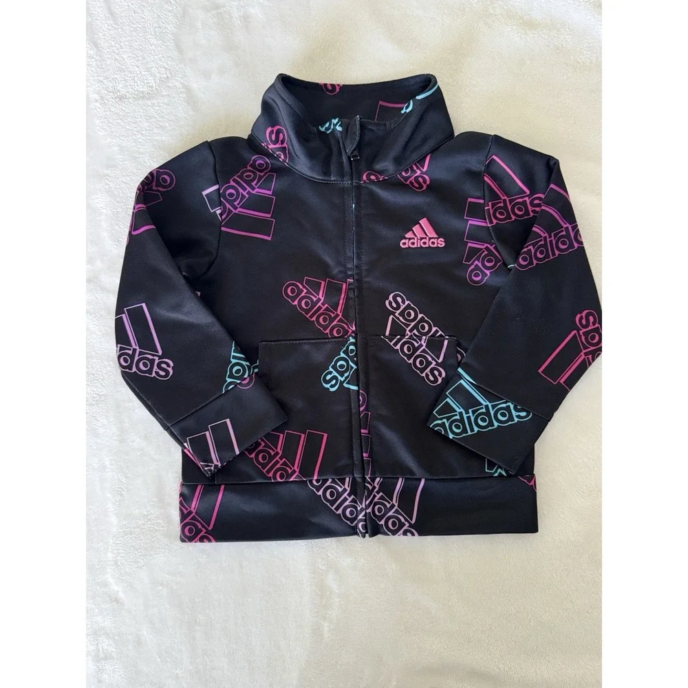 Adidas Baby Girls Jacket Sweater‎ Top 12M Infant Zip Up Black pink blue (B4)